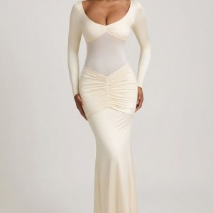 Bow-Detail Ruched Maxi Dress in Ivory