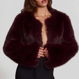 Faux Fur Cropped Bolero in Wine