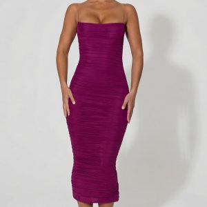 Ruched Backless Bodycon Midaxi Dress in Plum