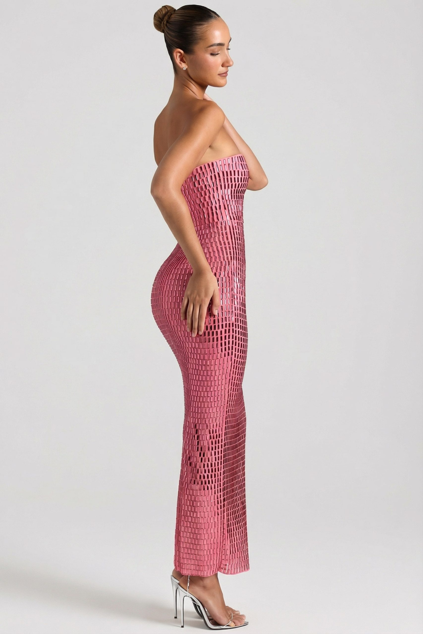 Embellished Strapless Bandeau Maxi Dress in Watermelon - Image 4