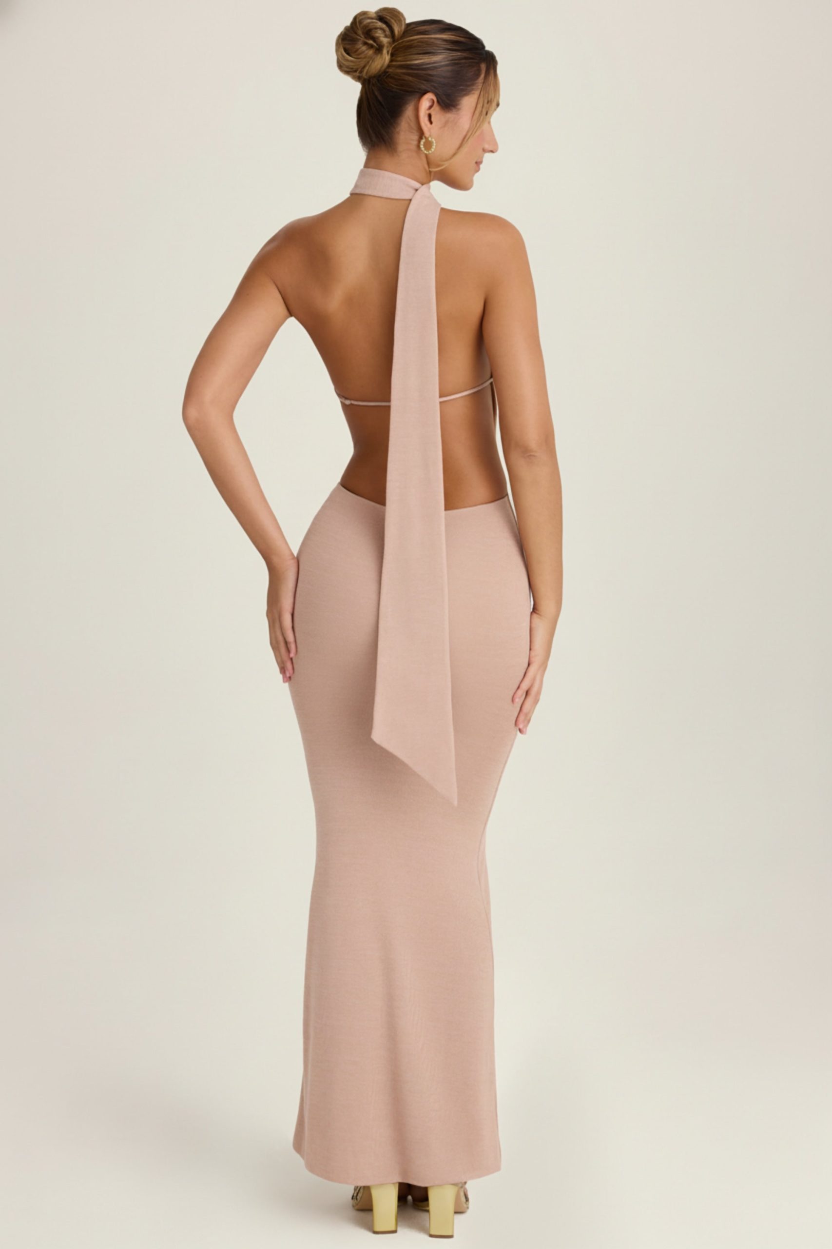 Scarf-Detail Cut-Out Halterneck Maxi Dress in Warm Peach - Image 2