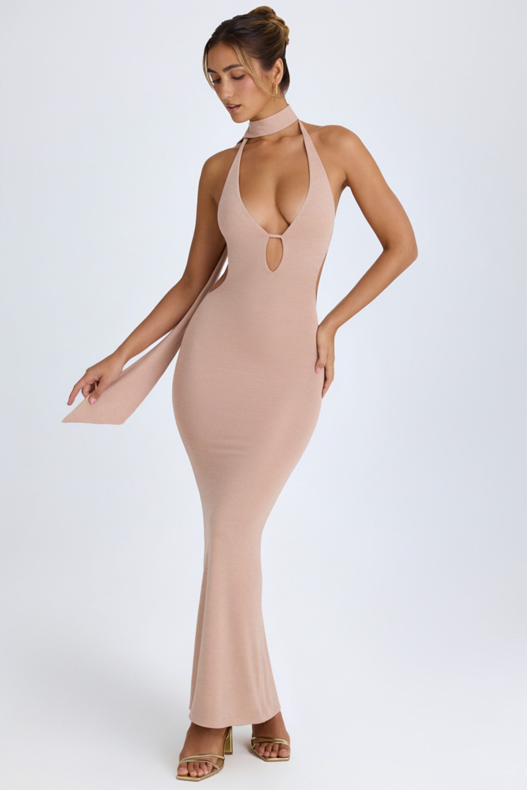 Scarf-Detail Cut-Out Halterneck Maxi Dress in Warm Peach - Image 5