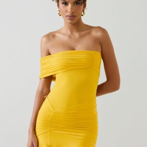 Asymmetric Ruched One-Shoulder Mini Dress in Golden Yellow