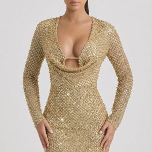 Embellished Cowl-Neck Mini Dress in Gold