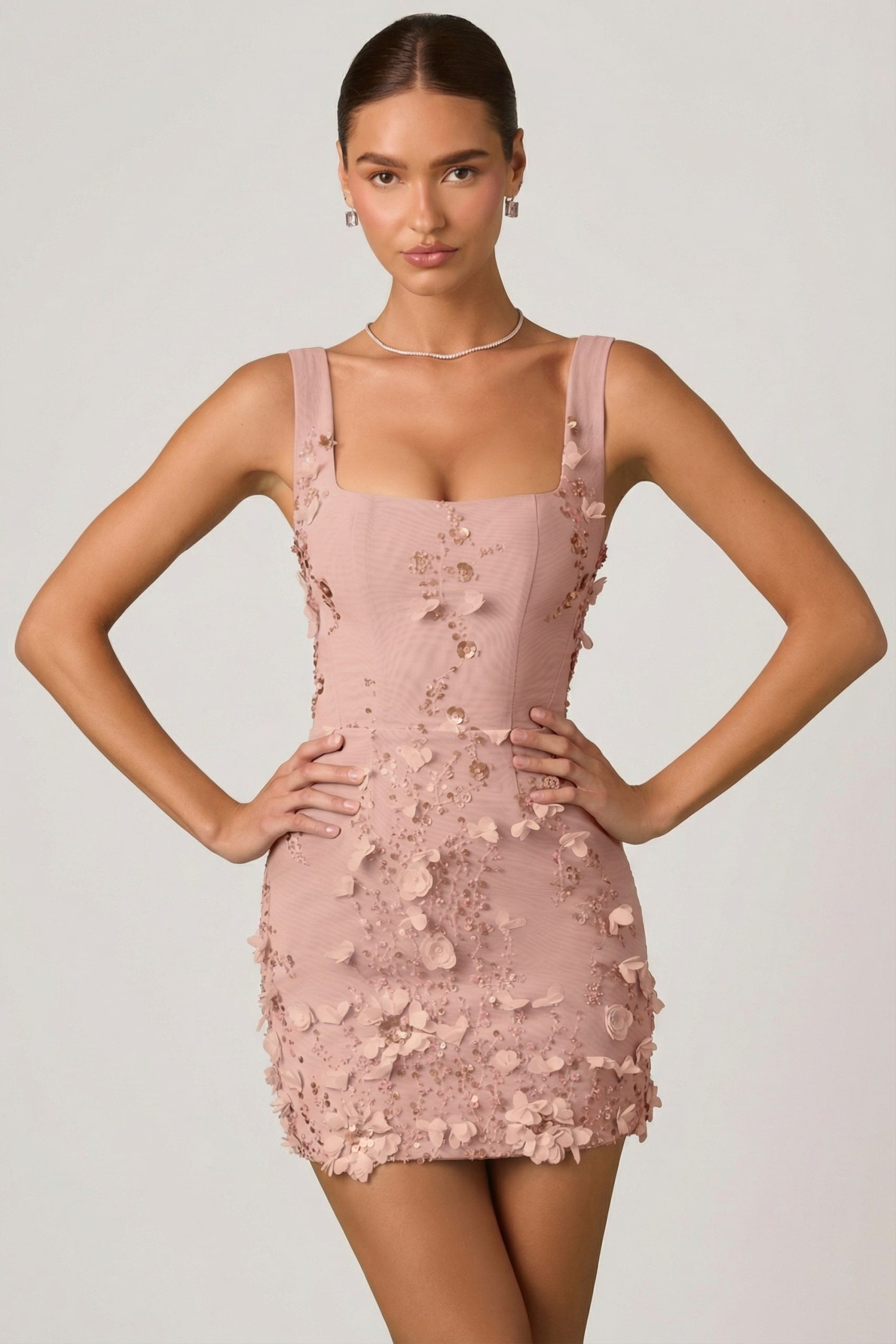 Embellished Appliqu?? Corset Mini Dress in Dusty Rose