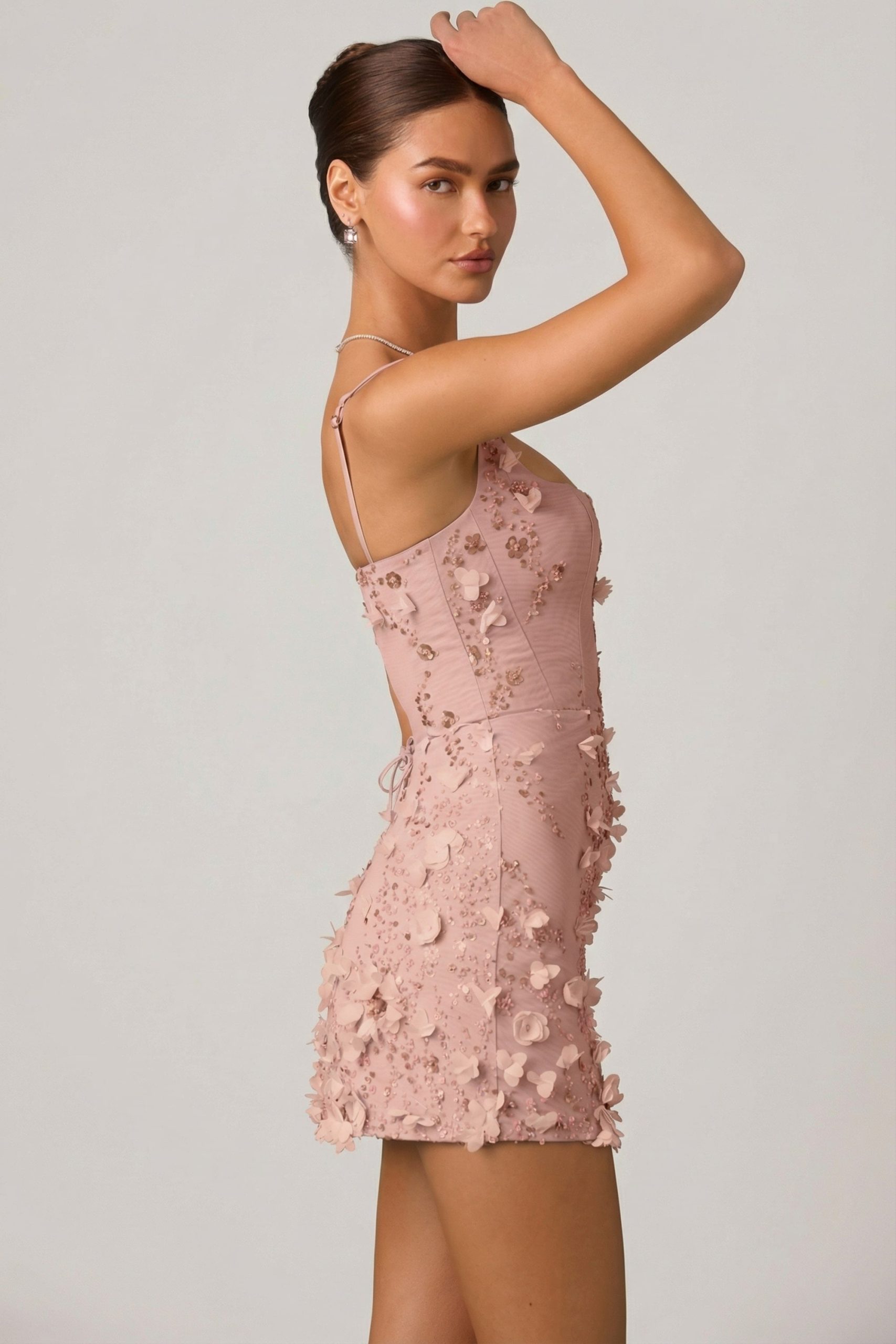 Embellished Appliqu?? Corset Mini Dress in Dusty Rose - Image 5