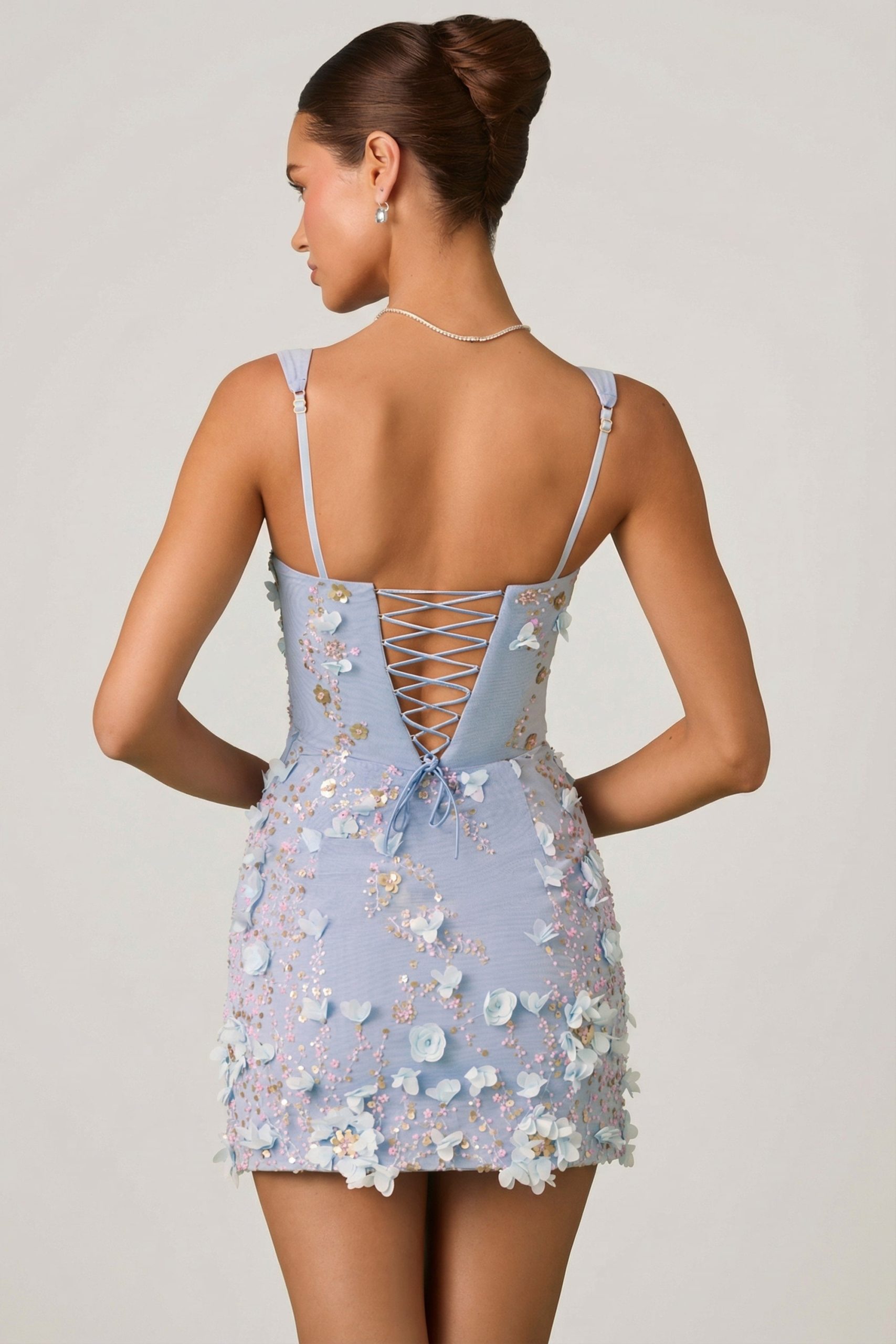 Embellished Appliqu?? Corset Mini Dress in Sky Blue - Image 2