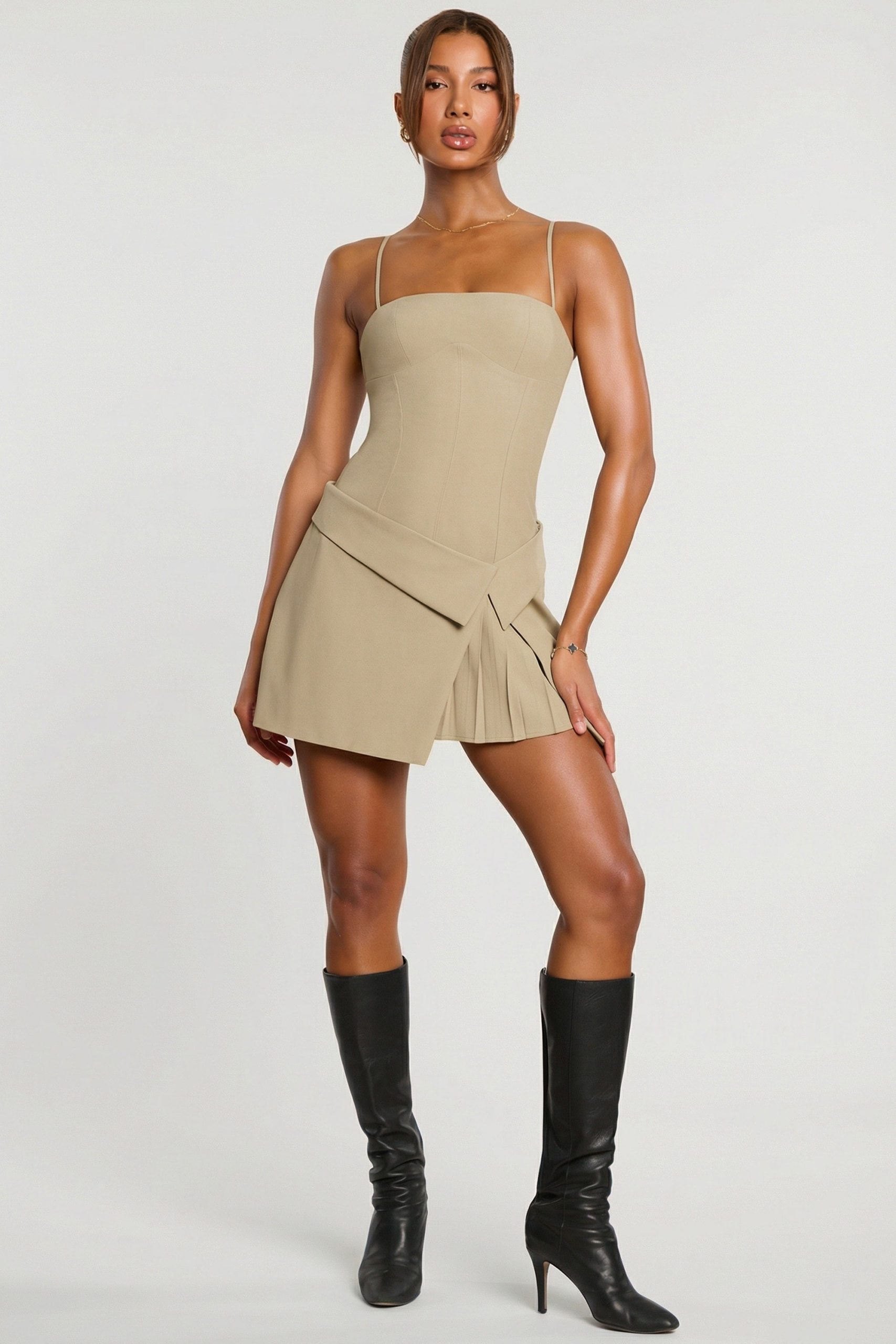 Woven Twill Wrap Over Pleated Mini Dress in Taupe - Image 4