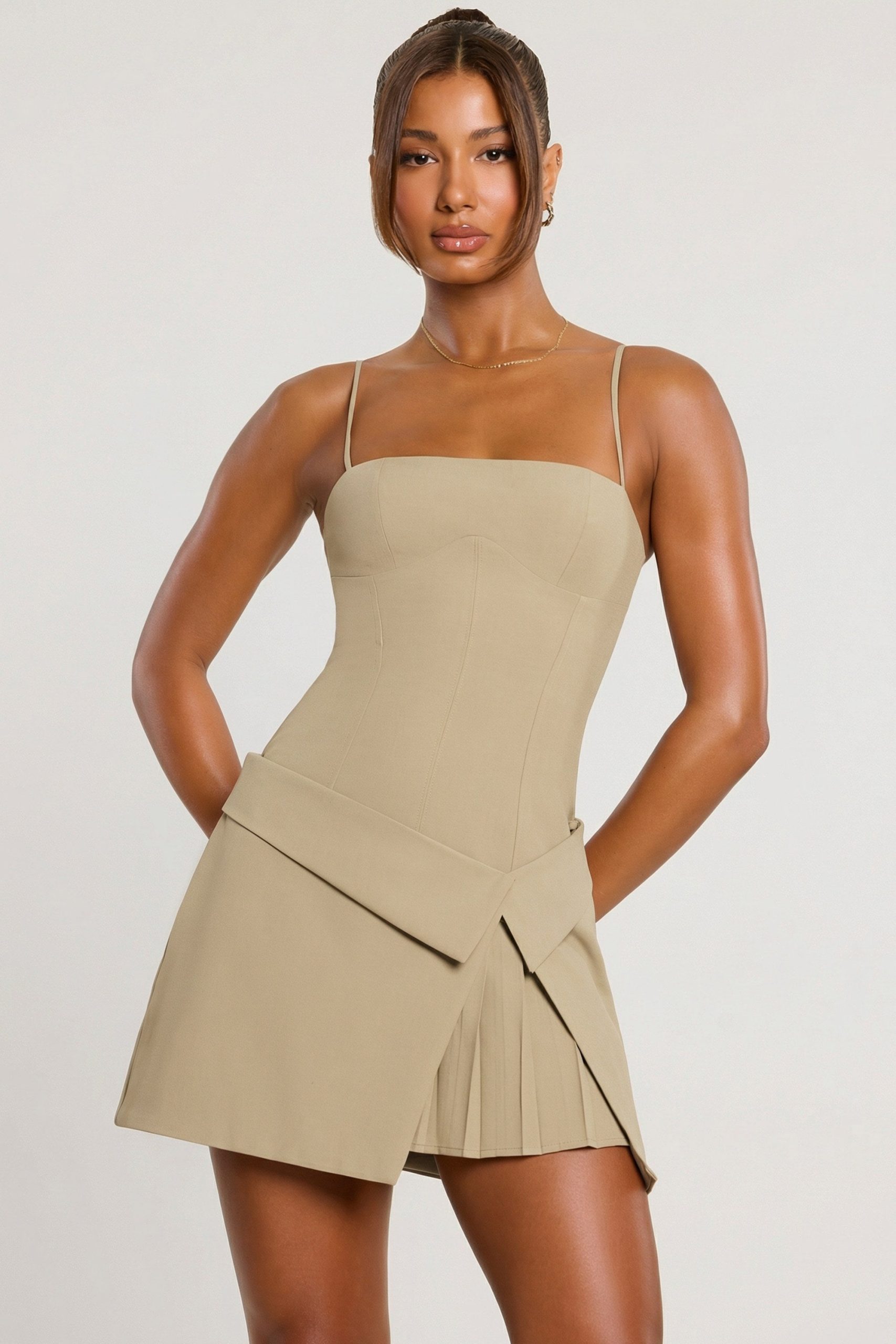 Woven Twill Wrap Over Pleated Mini Dress in Taupe - Image 5