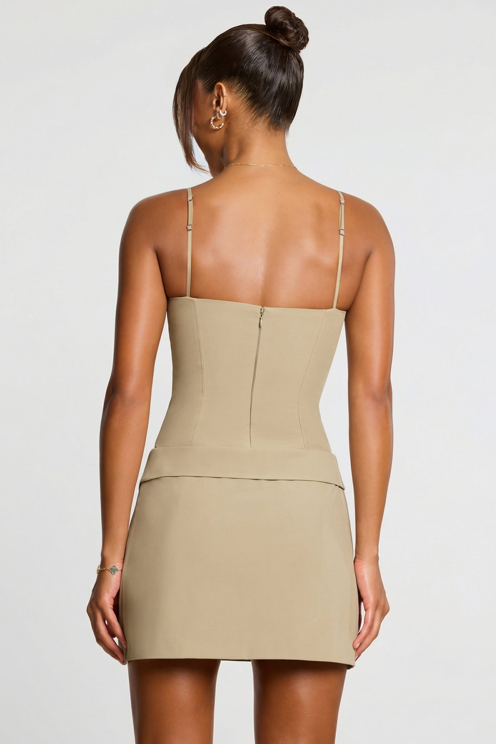 Woven Twill Wrap Over Pleated Mini Dress in Taupe - Image 2