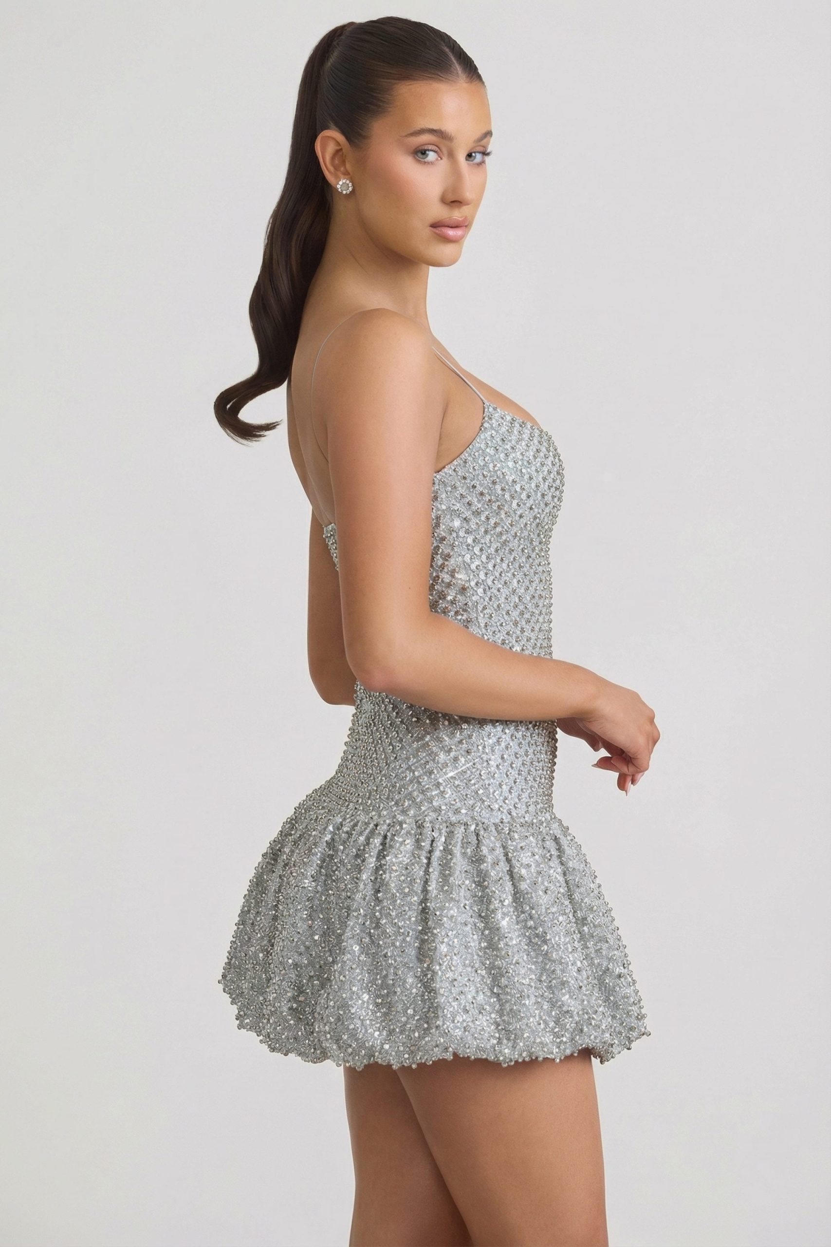 Embellished Bubble Hem Mini Dress in Silver - Image 5