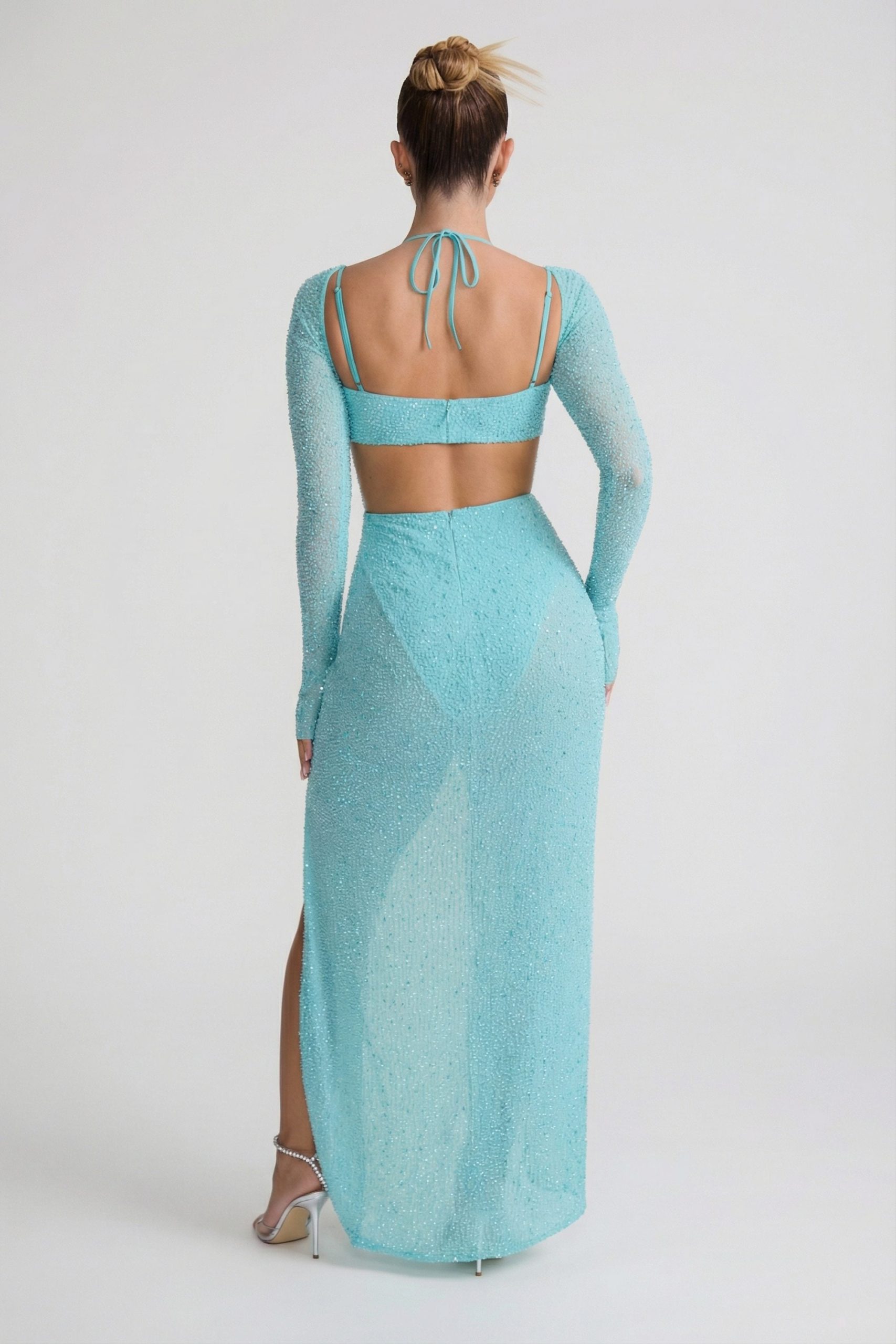 Embellished Cowl Neck Maxi Dress in Aqua - Image 2