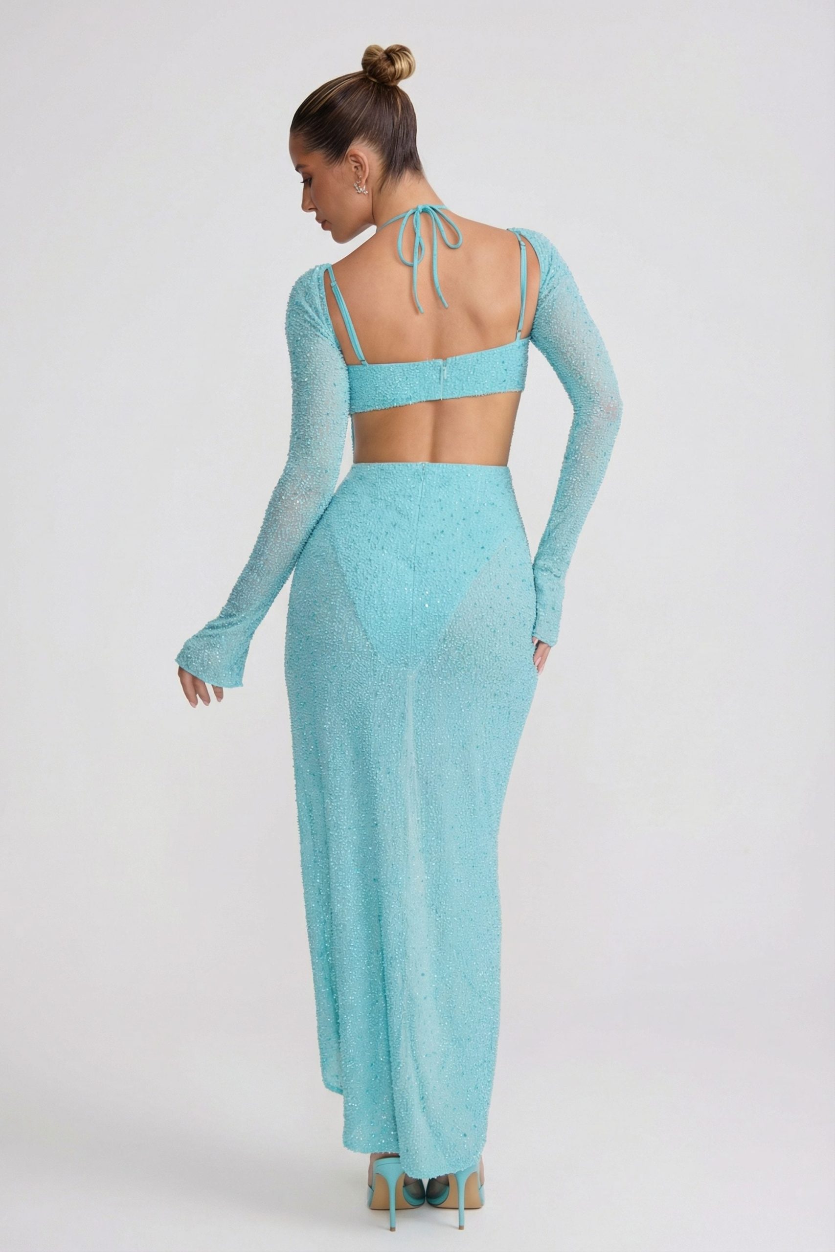 Embellished Cowl Neck Maxi Dress in Aqua - Image 8