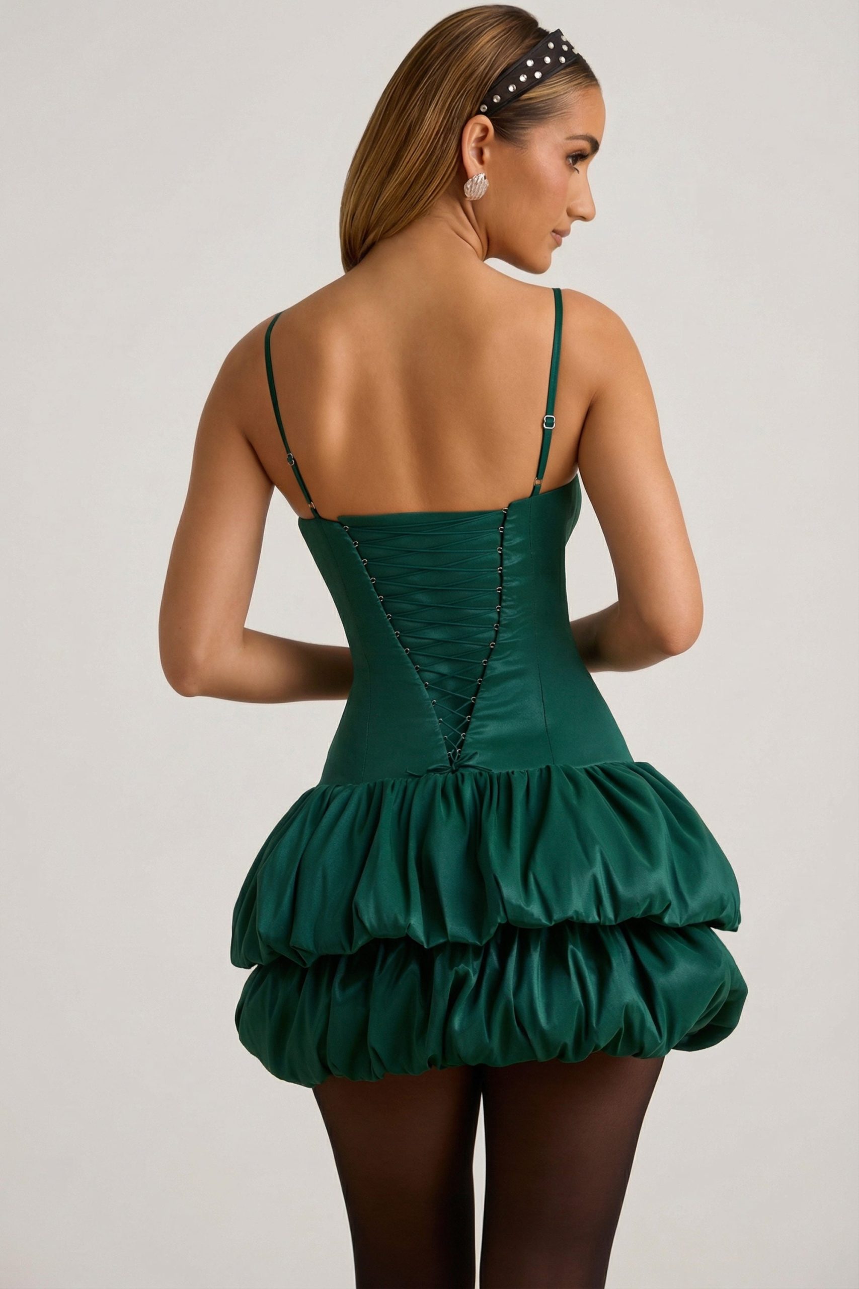 Satin Bubble Hem Corset Mini Dress in Emerald Green - Image 2