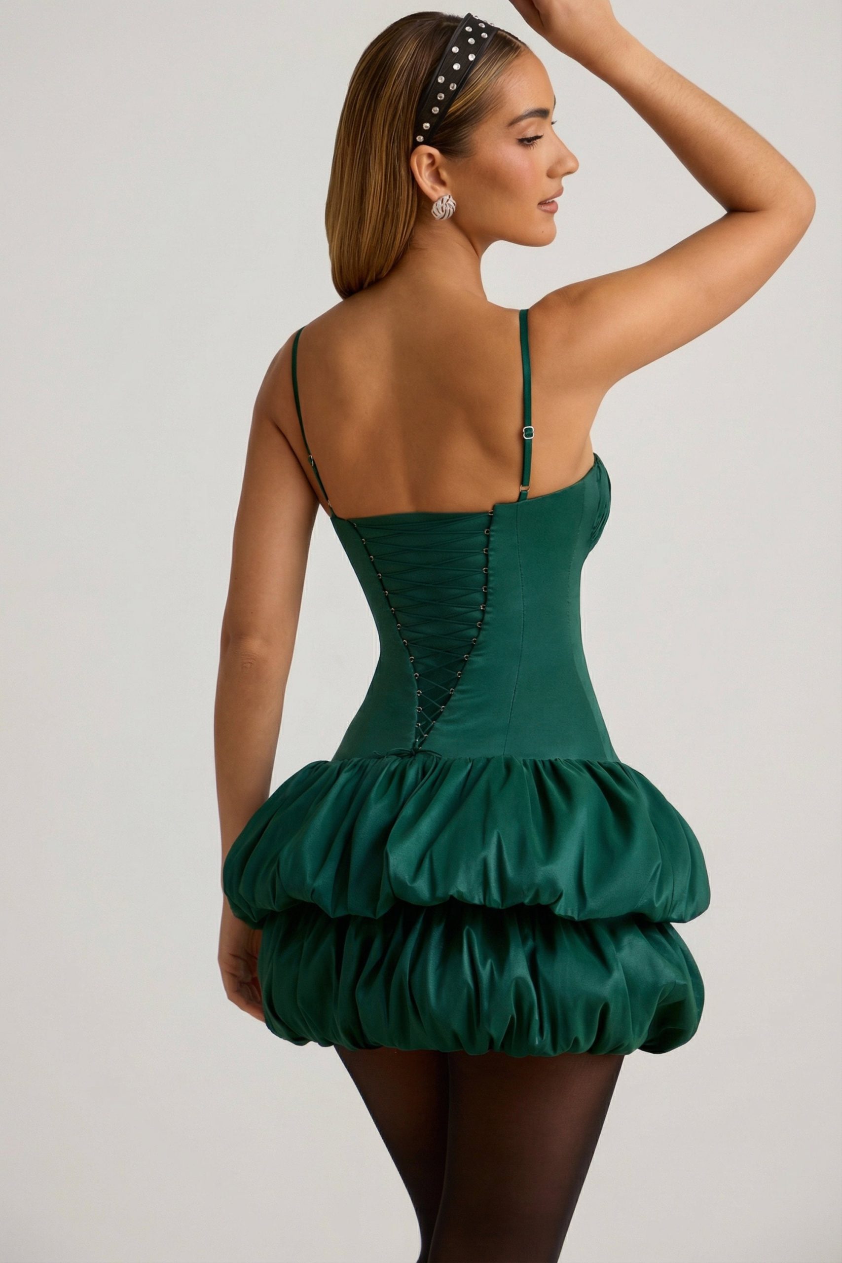 Satin Bubble Hem Corset Mini Dress in Emerald Green - Image 6