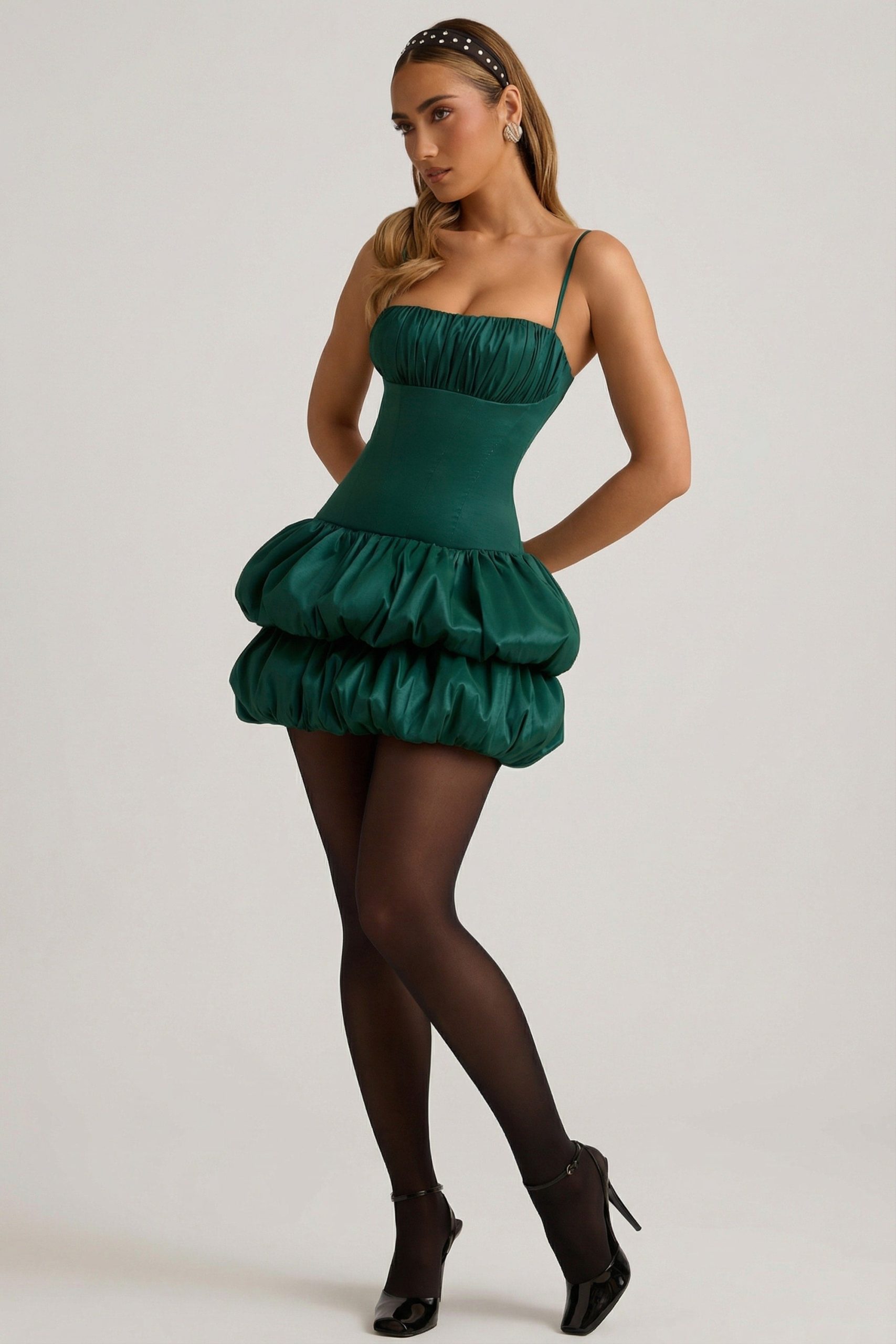 Satin Bubble Hem Corset Mini Dress in Emerald Green - Image 8