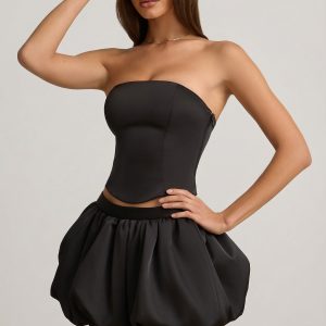 Bubble Hem Mid-Rise Mini Skirt in Black