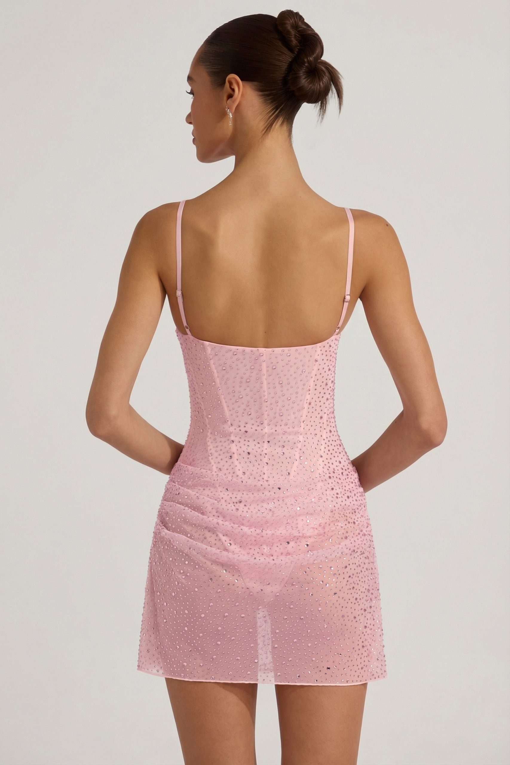 Semi-Sheer Embellished Draped Corset Mini Dress in Pink - Image 2