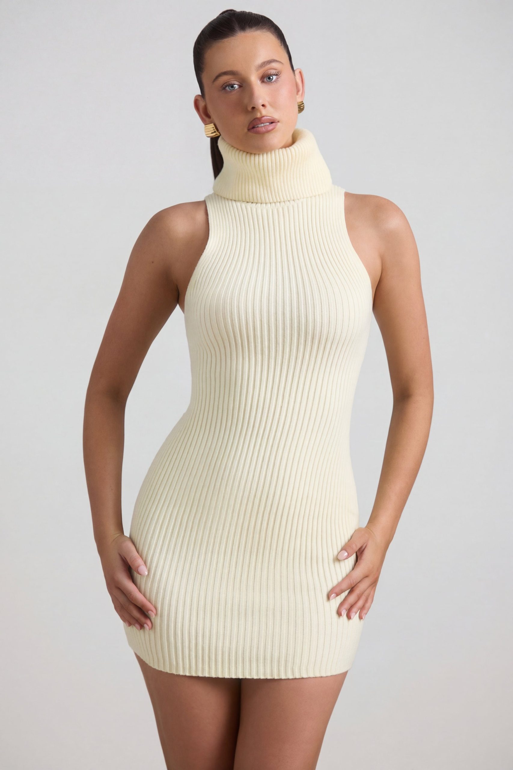 Ribbed-Knit Turtleneck Mini Dress in Butter Yellow - Image 7