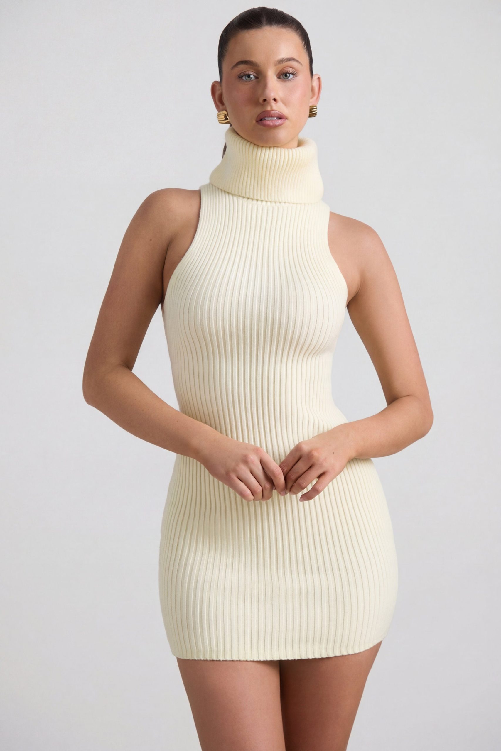 Ribbed-Knit Turtleneck Mini Dress in Butter Yellow - Image 5
