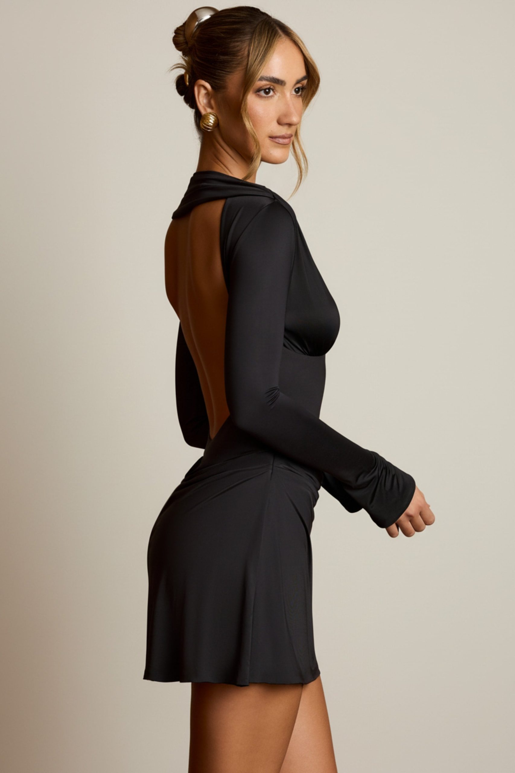 Open-Back Draped A-Line Mini Dress in Black - Image 3