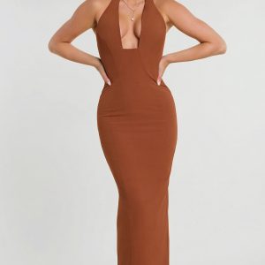 Woven Twill Halter Neck Plunge Maxi Dress in Chestnut Brown