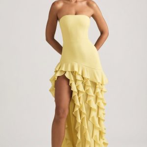 Ruffle-Trim Strapless Gown in Pastel Yellow