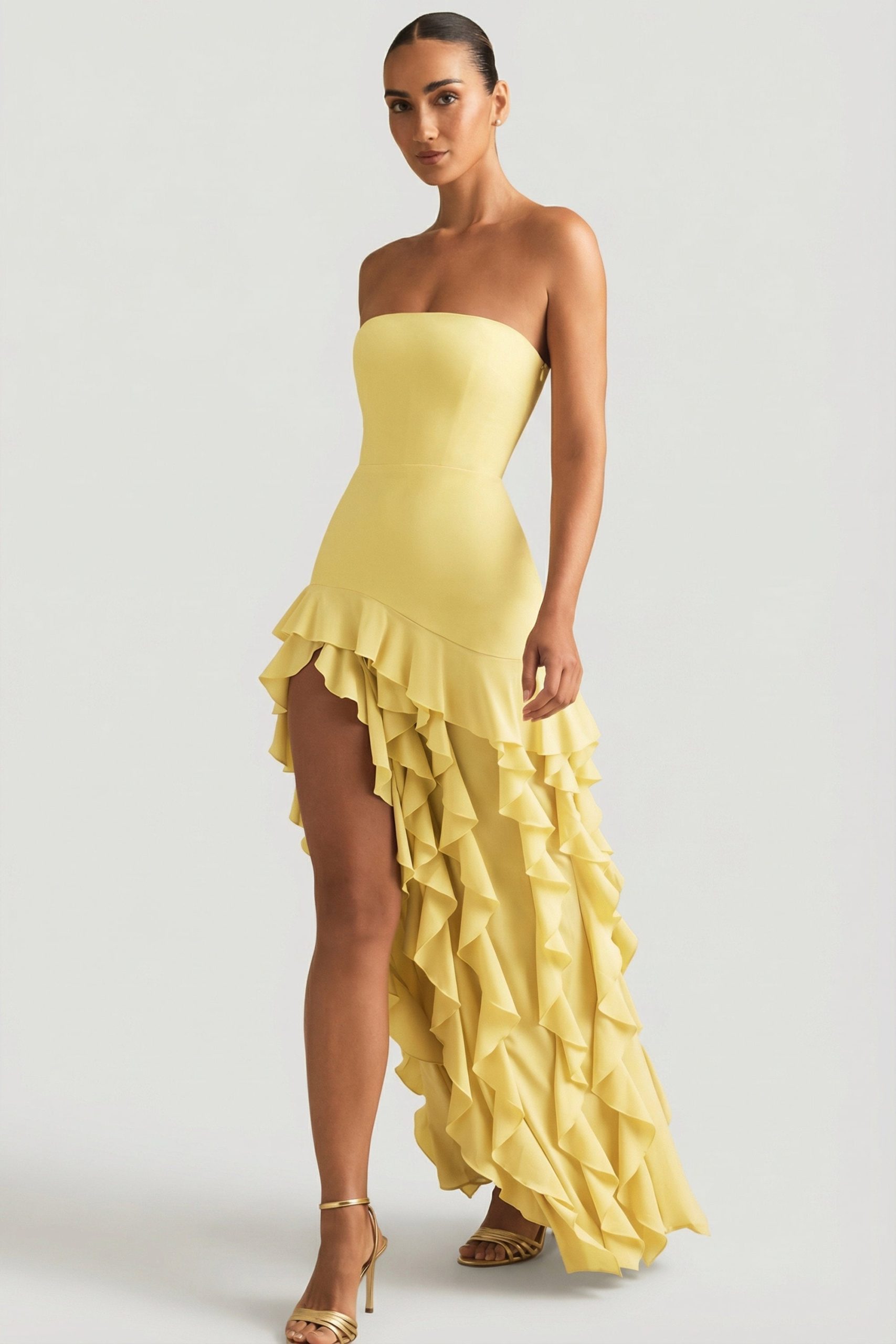 Ruffle-Trim Strapless Gown in Pastel Yellow - Image 3