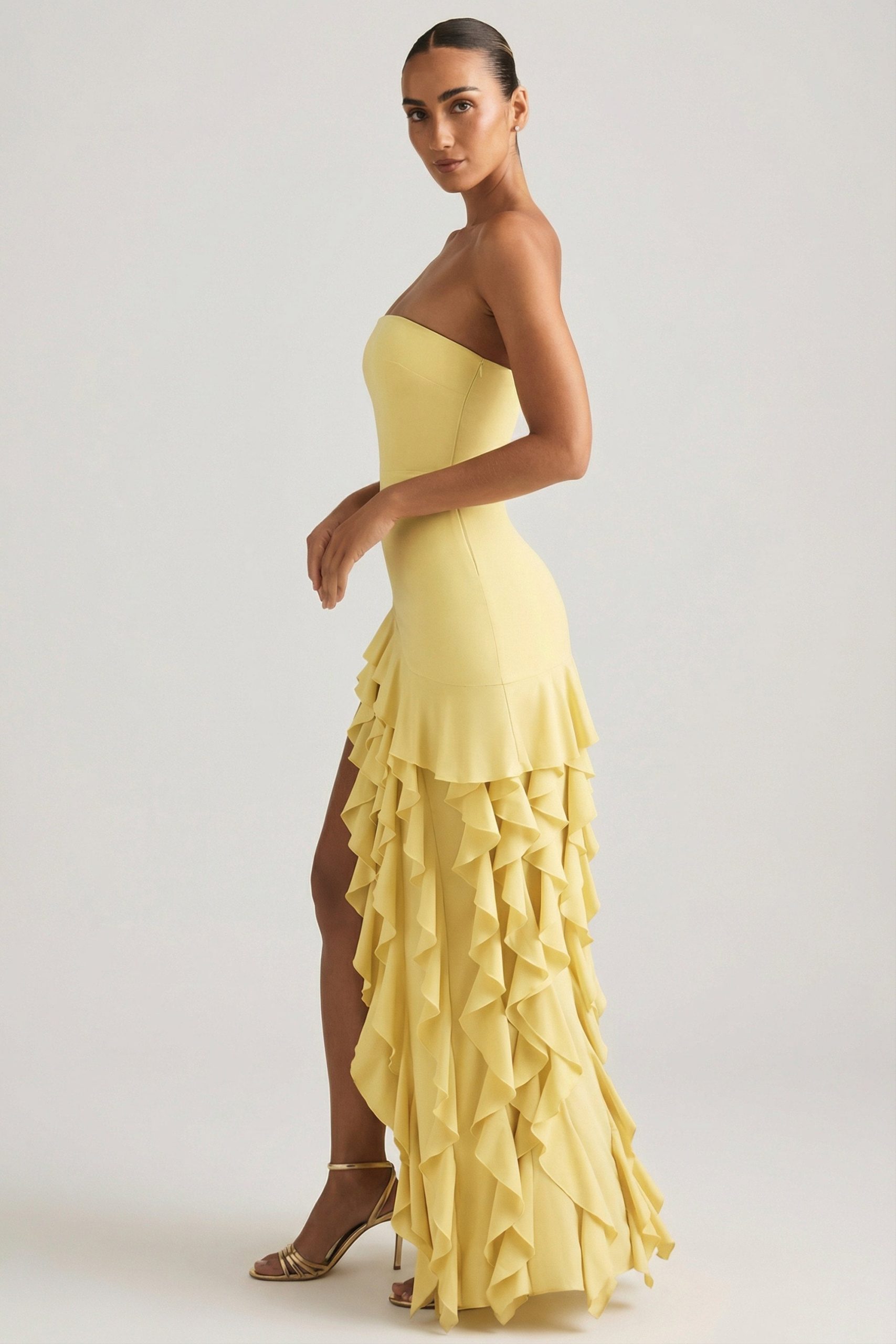 Ruffle-Trim Strapless Gown in Pastel Yellow - Image 6
