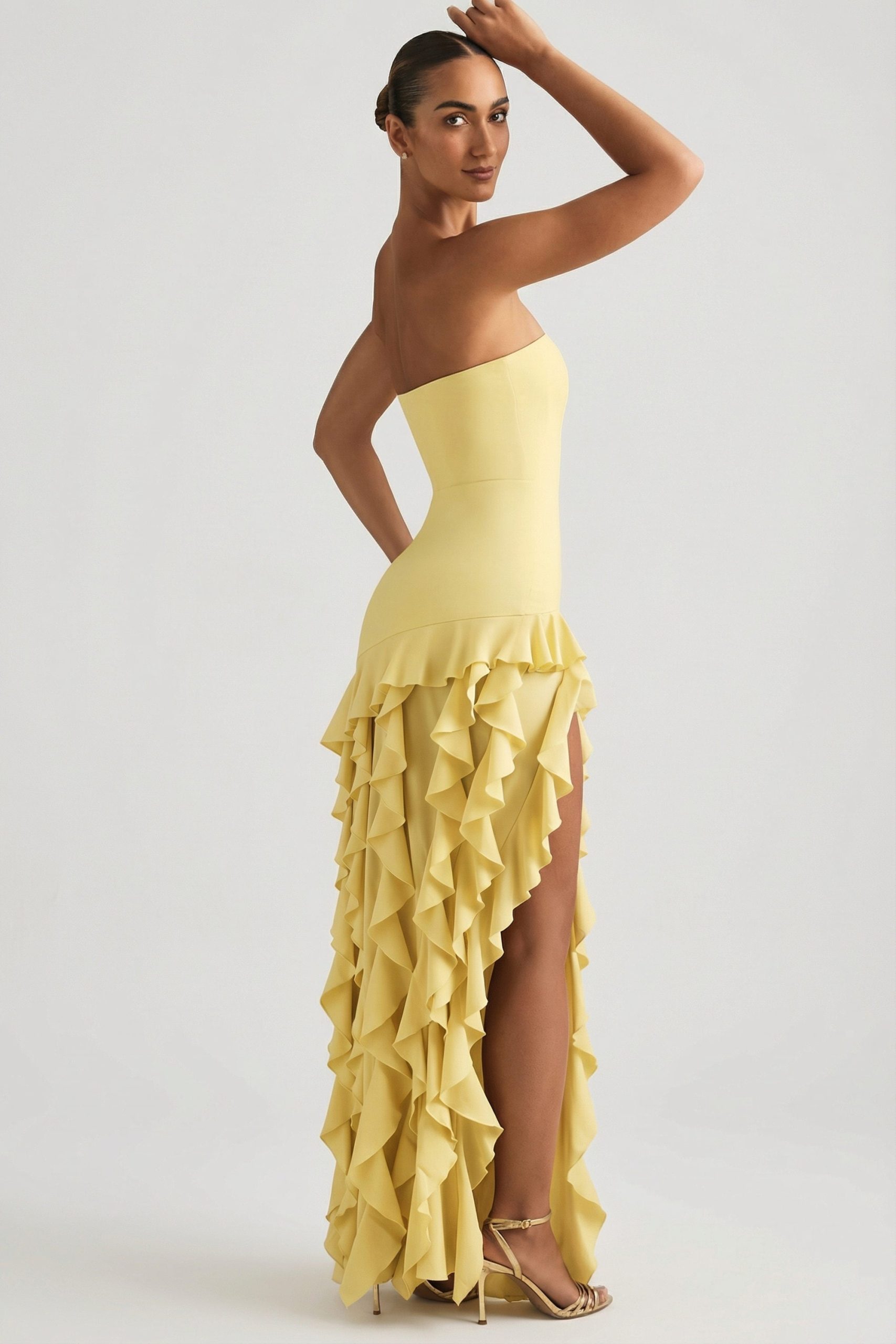 Ruffle-Trim Strapless Gown in Pastel Yellow - Image 2