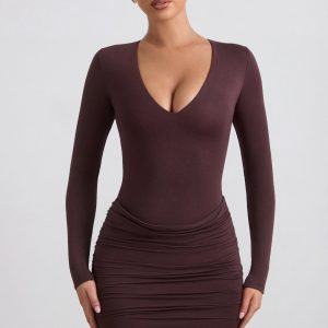 Modal-Cashmere Blend Draped Long-Sleeve Mini Dress in Espresso