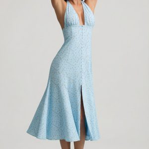 Halterneck Midaxi Dress in Blue Flower Print
