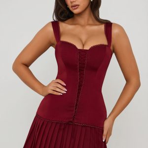 Bow-Detail Lace-Up Corset Mini Dress in Berry Red