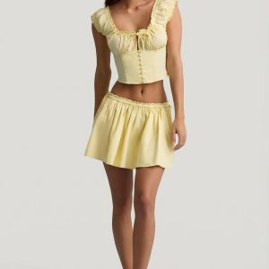 Ruched Cotton-Poplin Mini Skirt in Lemon Yellow