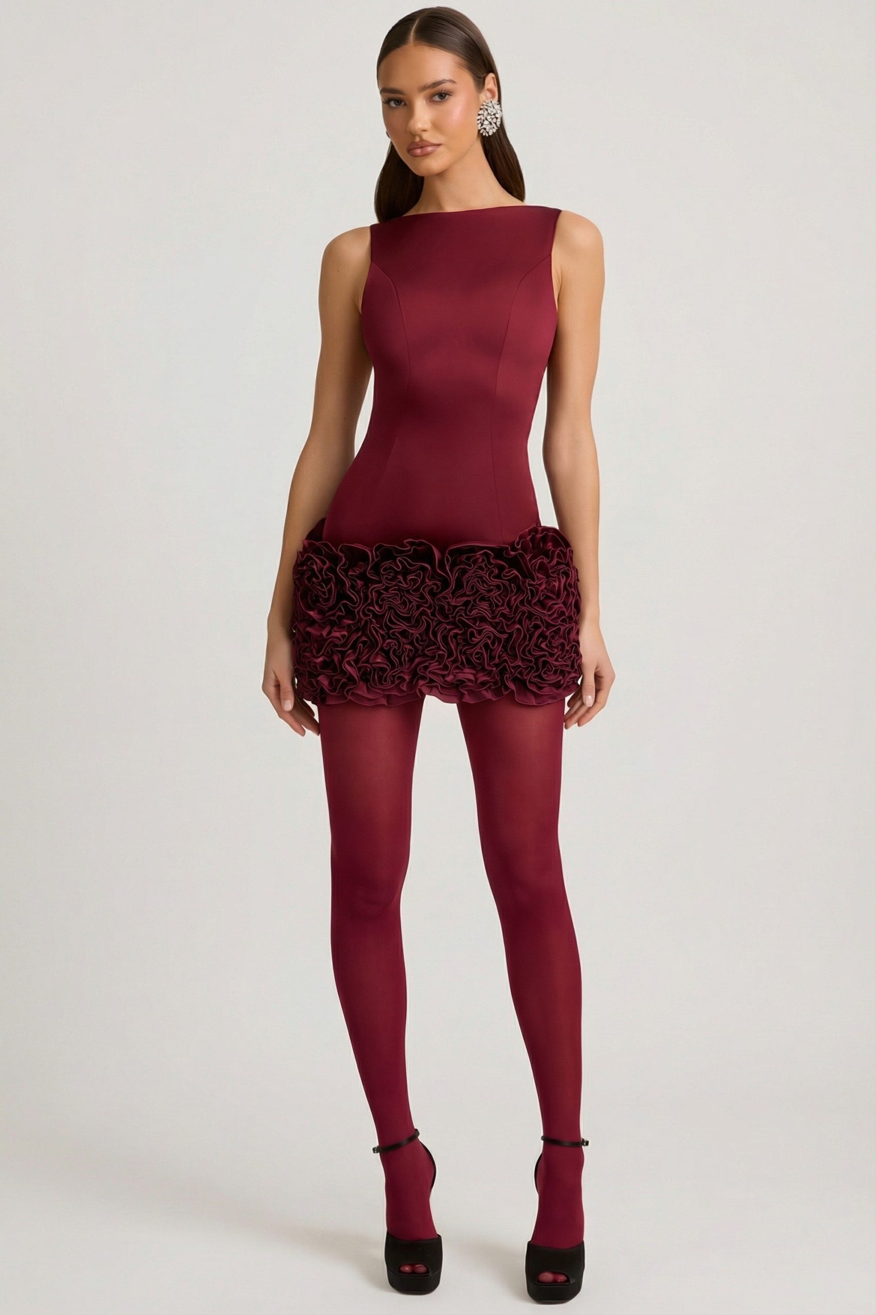 Satin Floral Appliqu?? Open-Back Mini Dress in Wine Red - Image 8