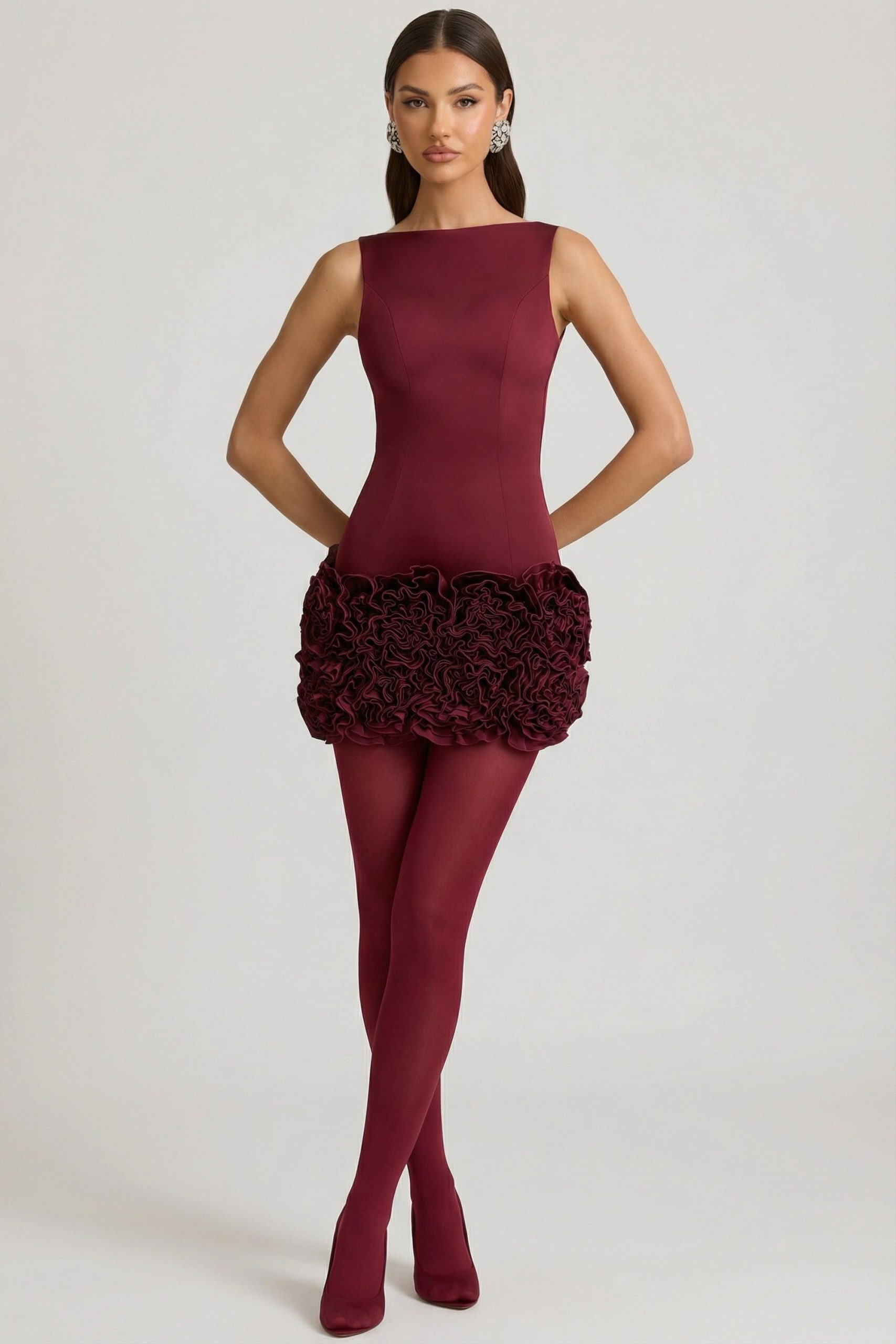 Satin Floral Appliqu?? Open-Back Mini Dress in Wine Red - Image 3