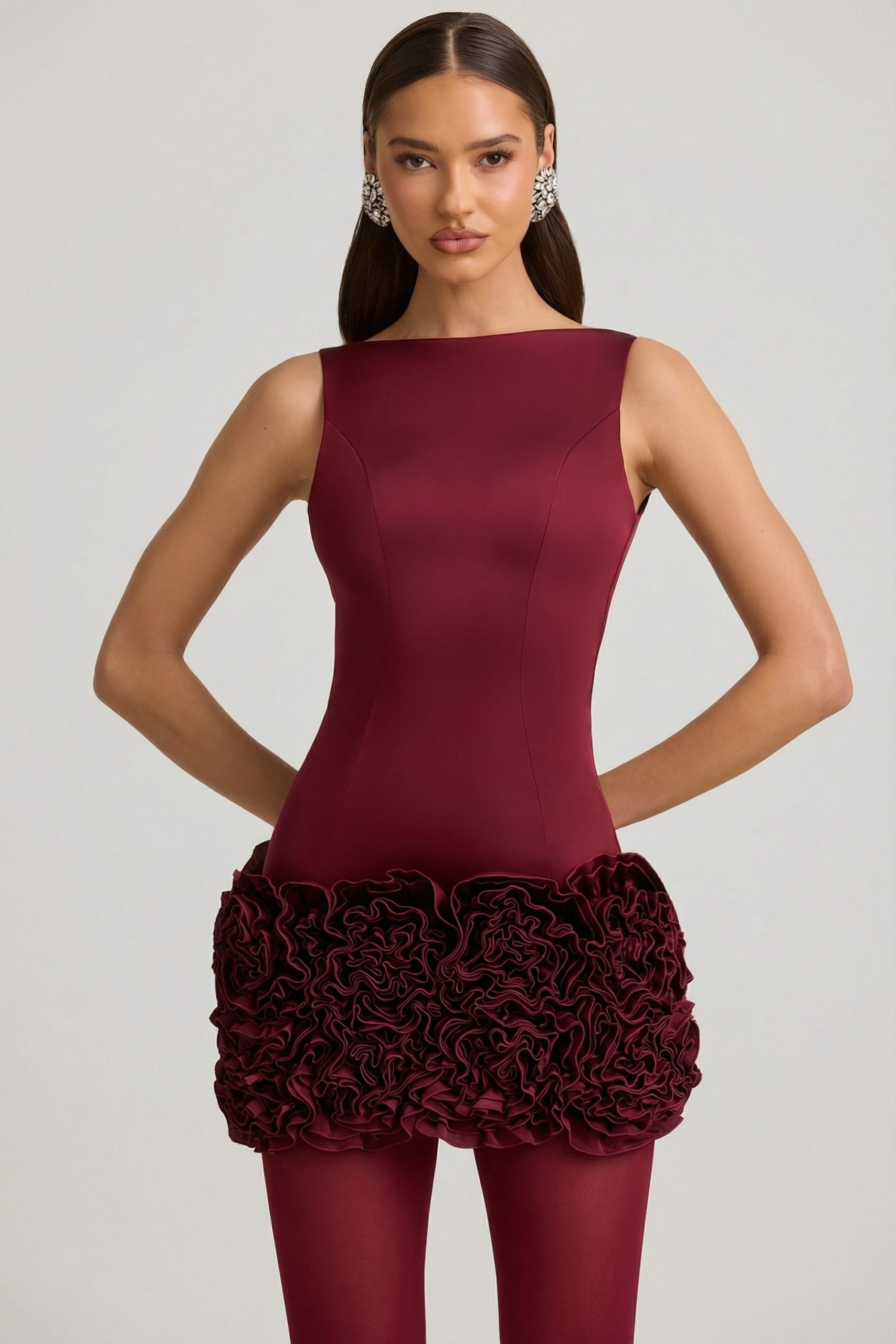 Satin Floral Appliqu?? Open-Back Mini Dress in Wine Red