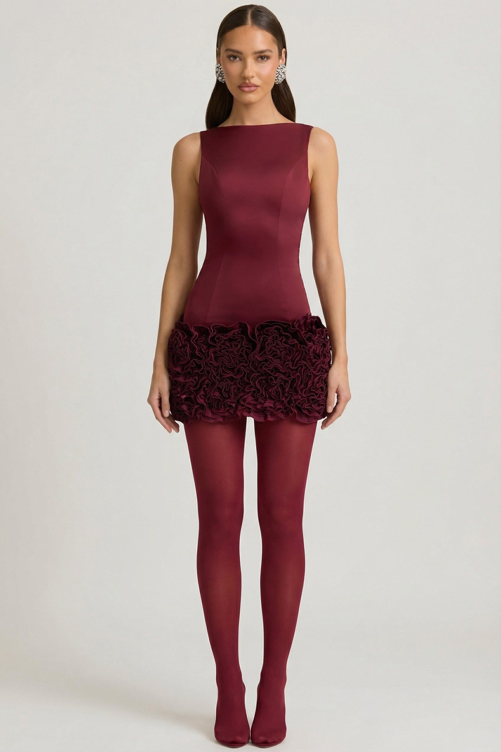 Satin Floral Appliqu?? Open-Back Mini Dress in Wine Red - Image 5