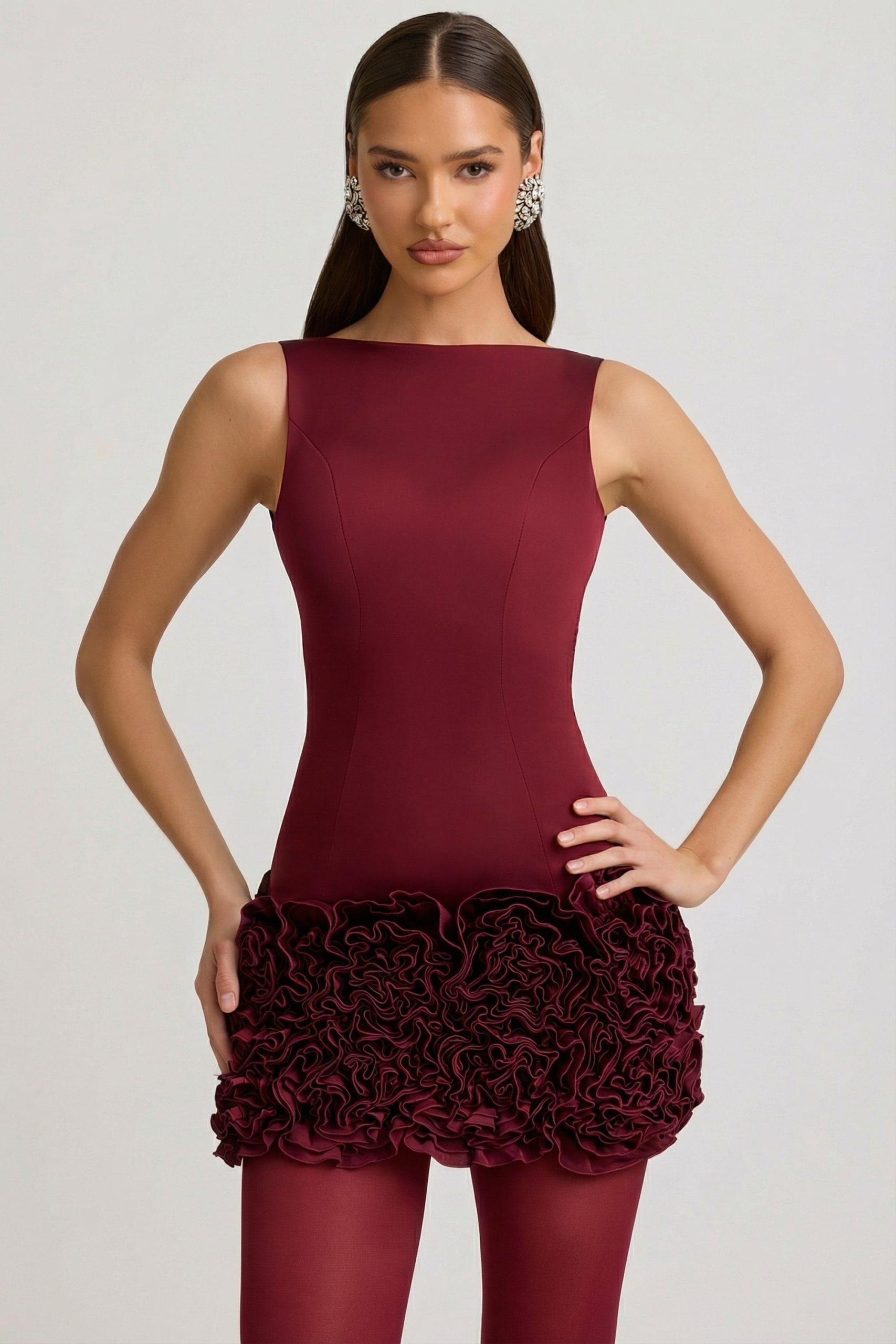 Satin Floral Appliqu?? Open-Back Mini Dress in Wine Red - Image 6