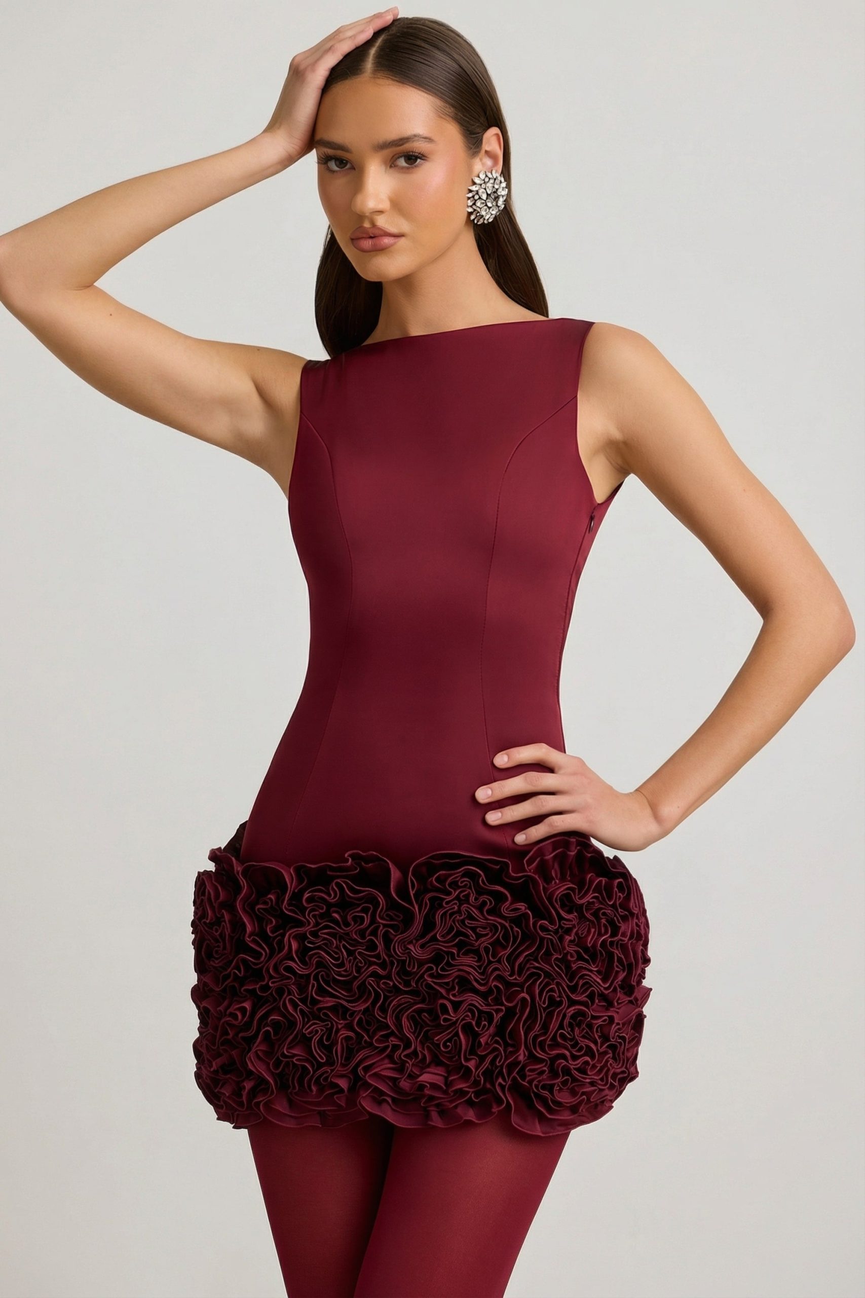 Satin Floral Appliqu?? Open-Back Mini Dress in Wine Red - Image 7