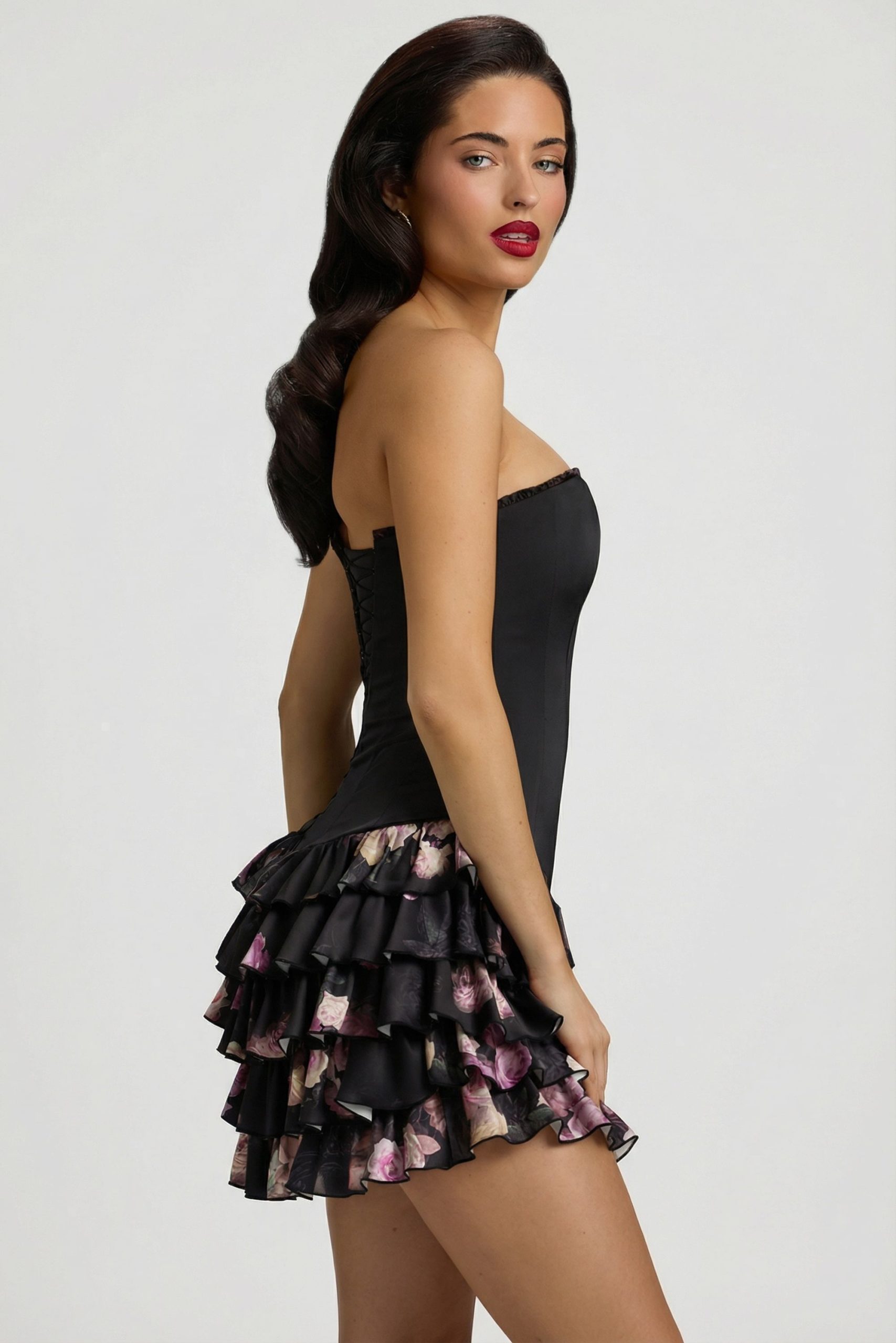 Strapless Ruffled Tiered Corset Mini Dress in Black Floral Print - Image 11