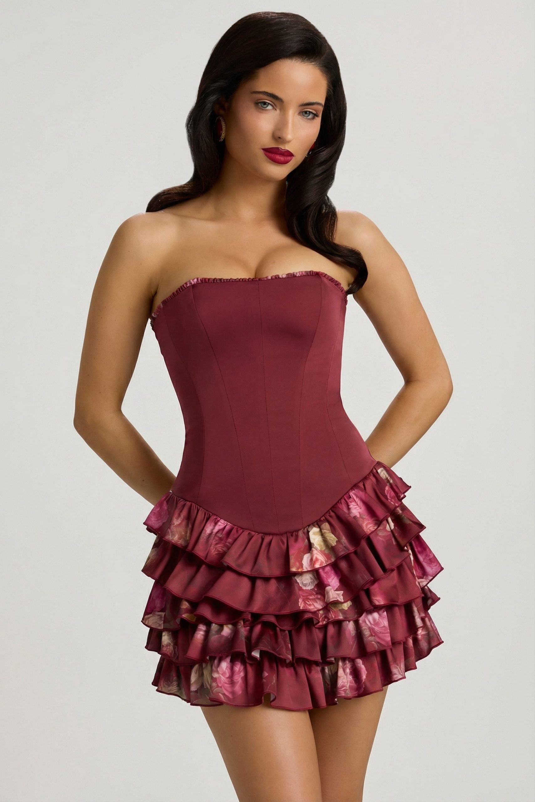 Strapless Ruffled Tiered Corset Mini Dress in Maroon Floral Print - Image 9