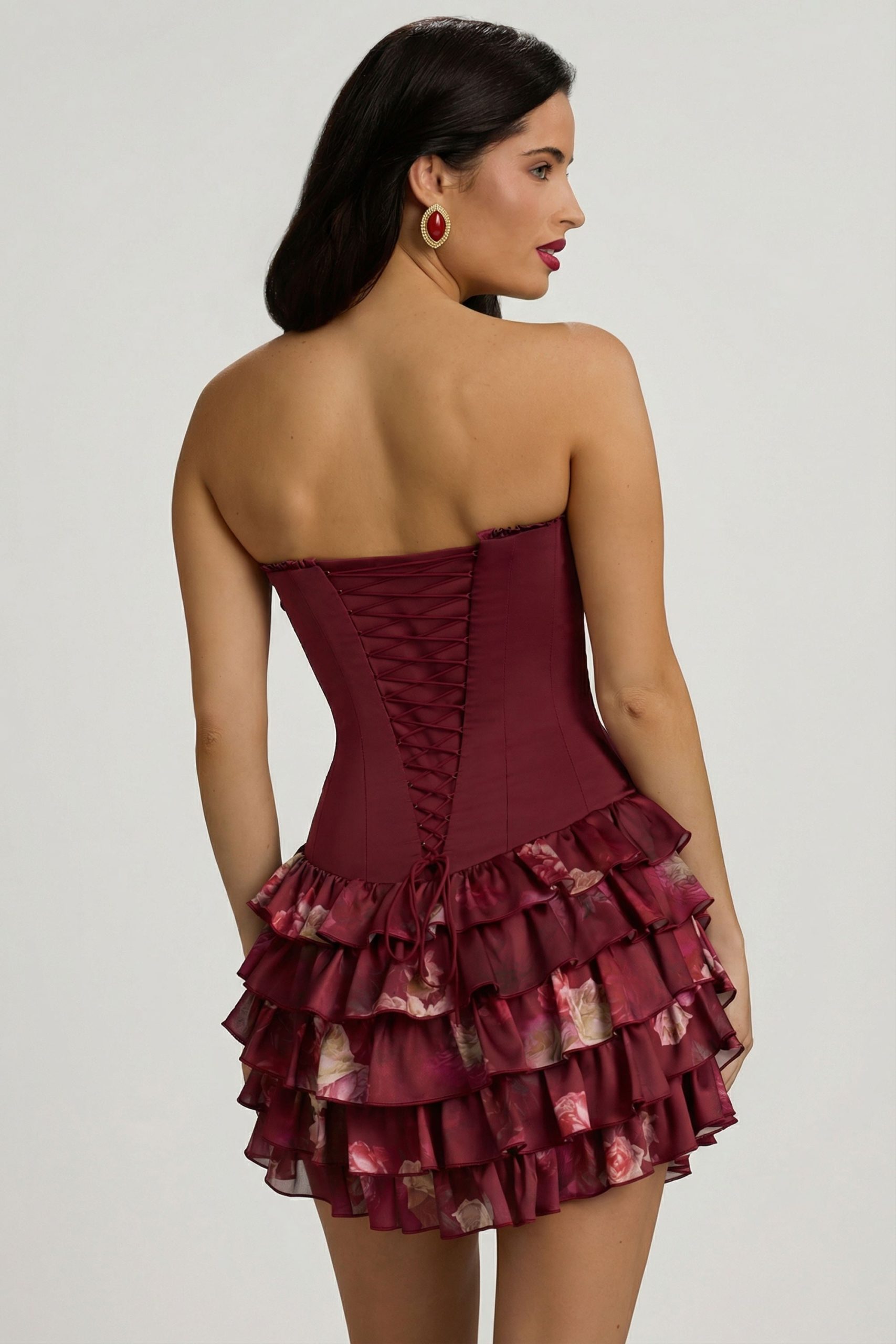 Strapless Ruffled Tiered Corset Mini Dress in Maroon Floral Print - Image 15