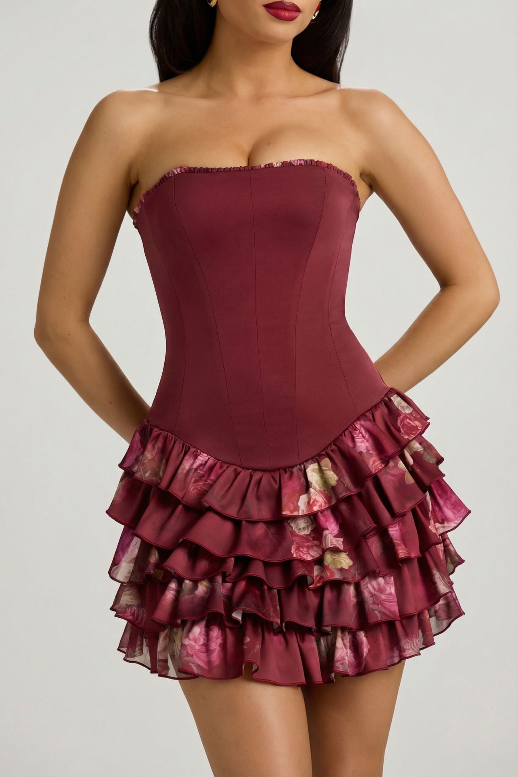 Strapless Ruffled Tiered Corset Mini Dress in Maroon Floral Print - Image 12