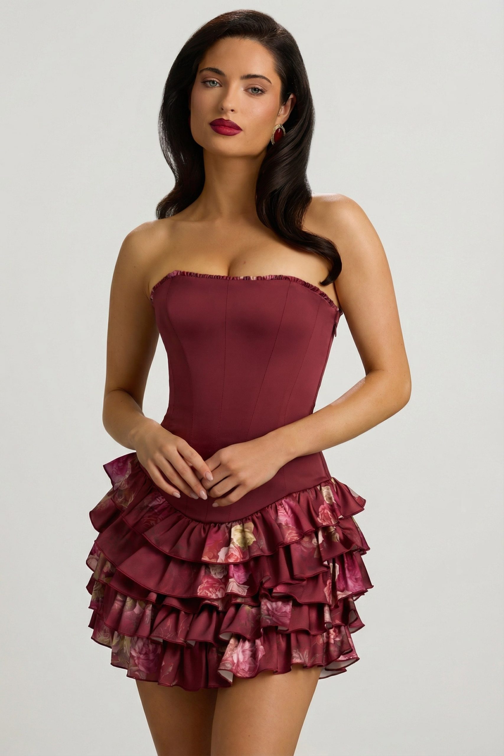 Strapless Ruffled Tiered Corset Mini Dress in Maroon Floral Print - Image 13
