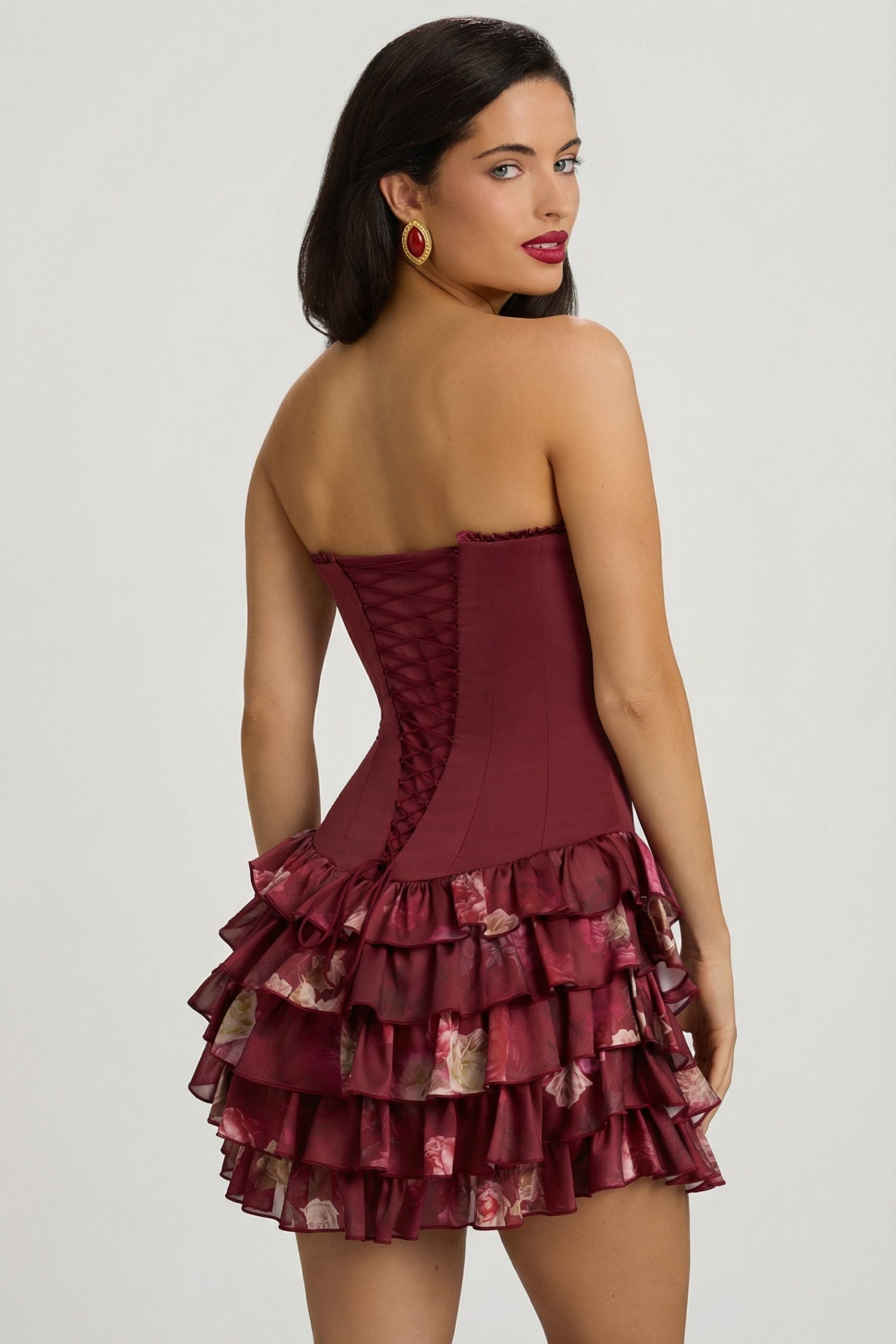 Strapless Ruffled Tiered Corset Mini Dress in Maroon Floral Print - Image 10