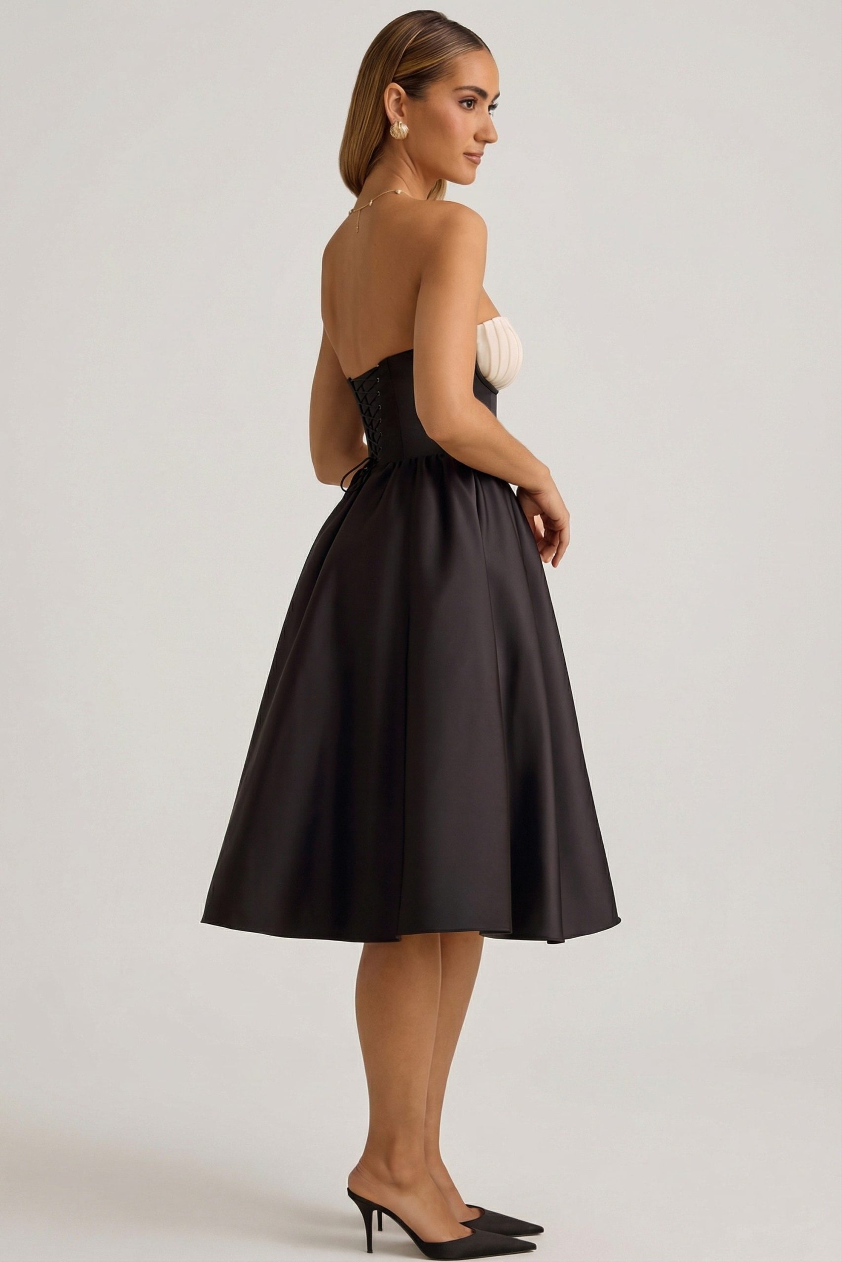 Strapless Corset Midi Dress in Black - Image 3