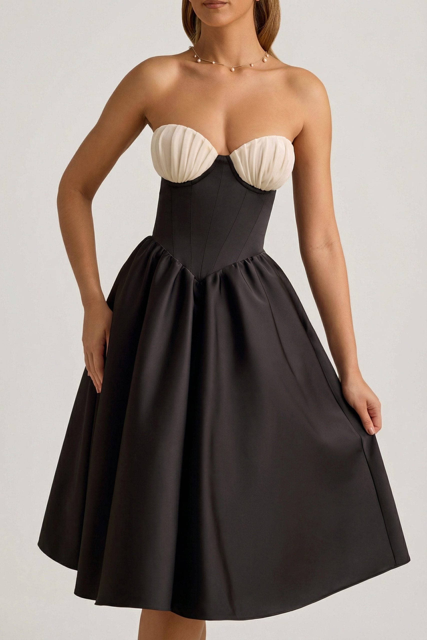 Strapless Corset Midi Dress in Black - Image 7