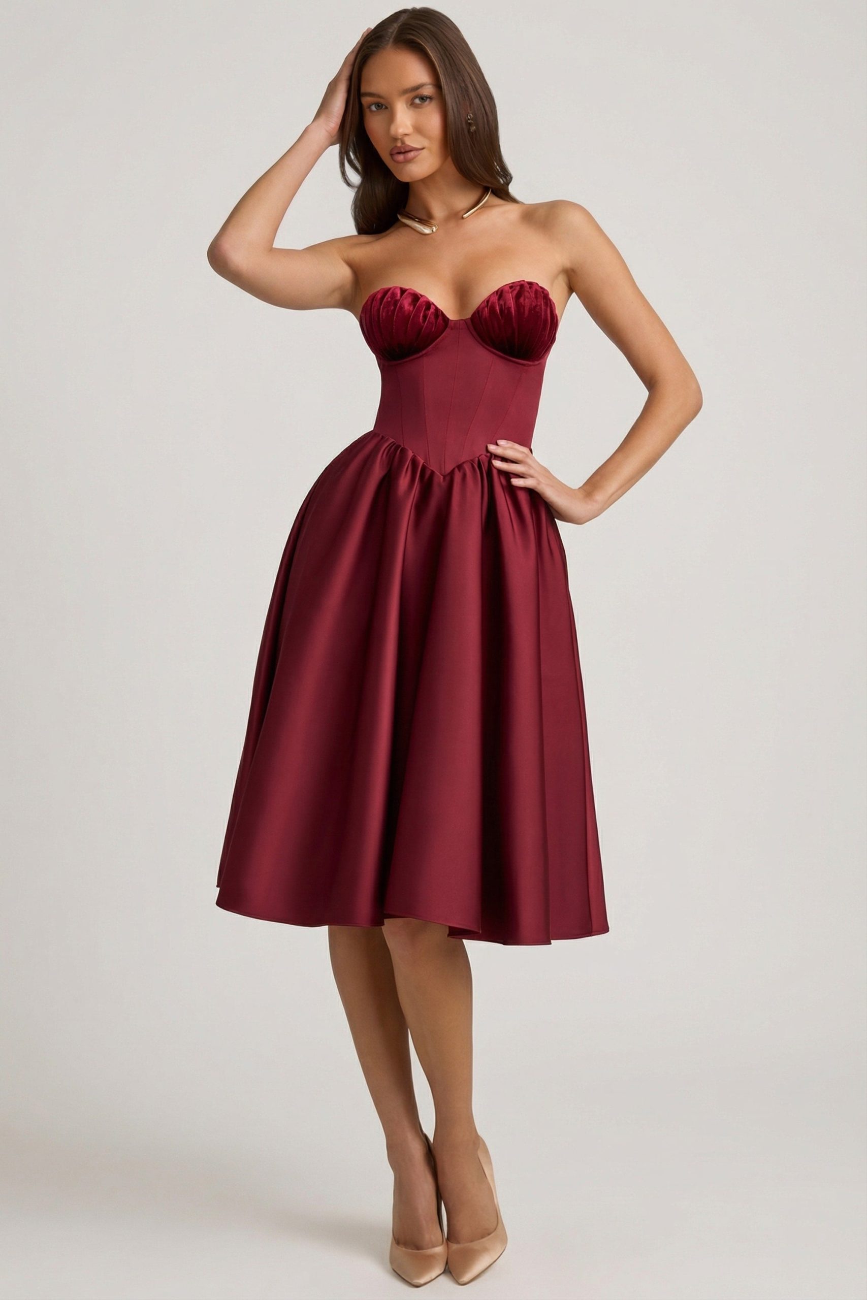 Strapless Corset Midi Dress in Wine Red - Image 6