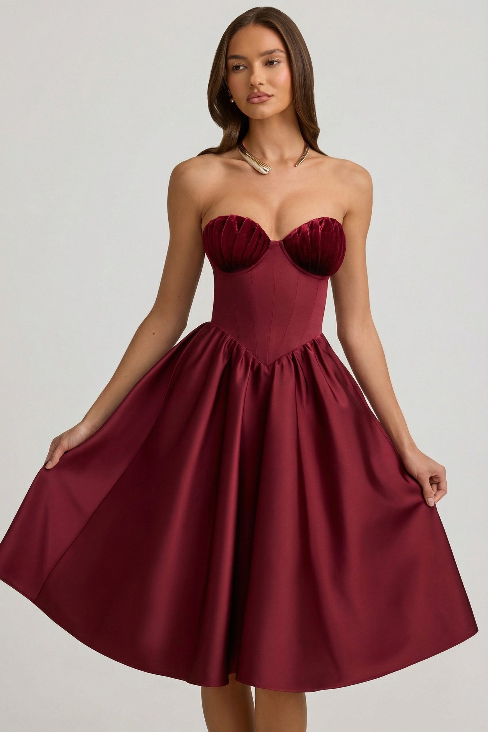 Strapless Corset Midi Dress in Wine Red - Image 7